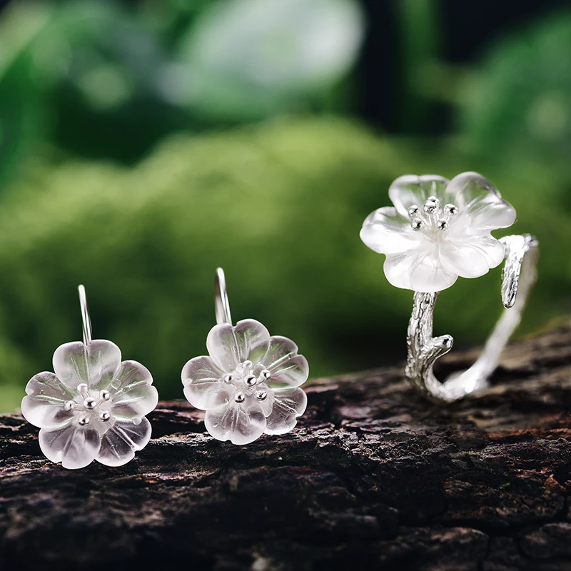 Custom 925 Sterling Silver Natural Crystal Jewelry sets Rings Earrings Flower in the Rain Original Design For Women