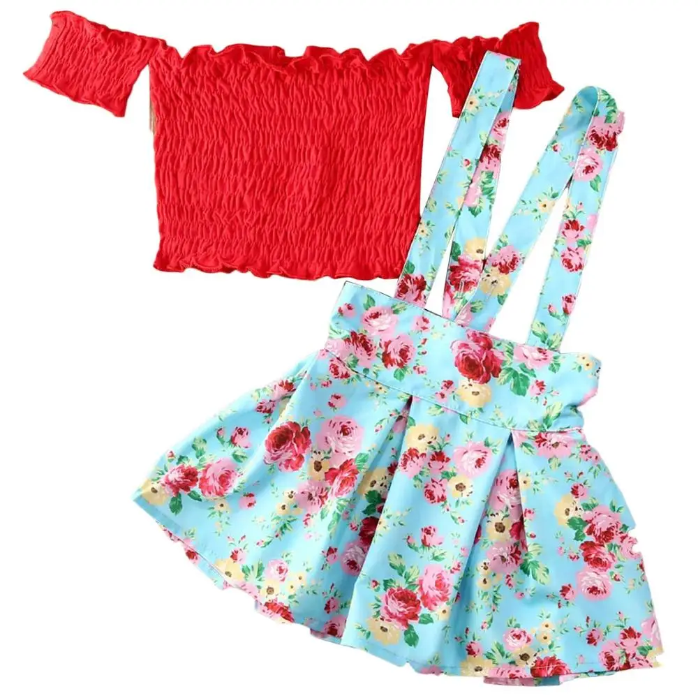 

2021 Summer Toddler Baby Girls Elastic Short Sleeve Off Shoulder Crop Top Floral Print Suspender Skirts 2PCS Kid Clothing Set