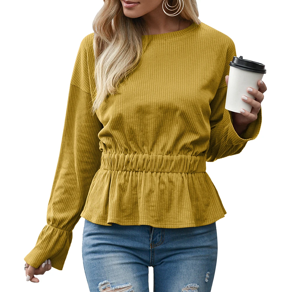 

Spring Fashion Women's Solid Color Round Neck Slim Pleated Long Sleeve T-shirt Casual Top, As show