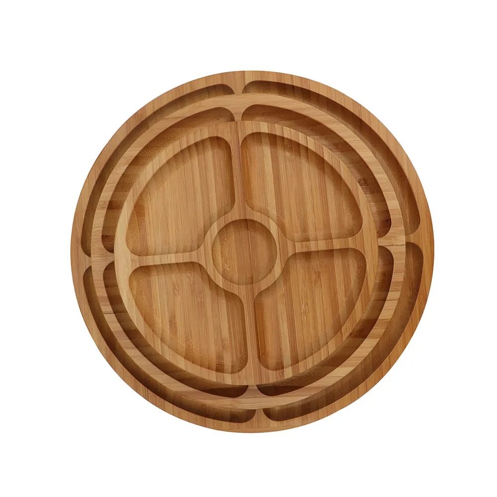 Bamboo Round Food Serving Tray Platter,Multifunctional 5sectional