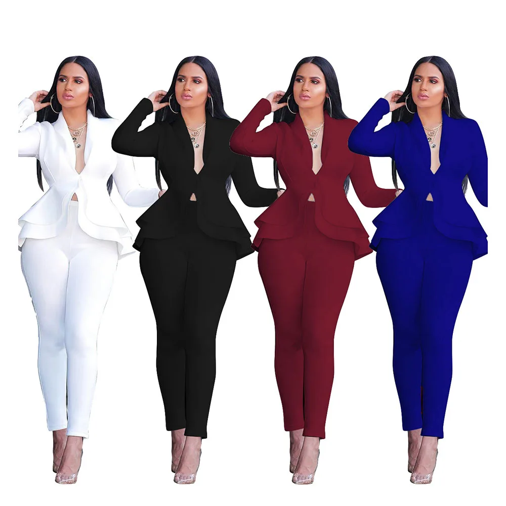 CA610 - women casual solid pants and cleavage ruffles top two piece set