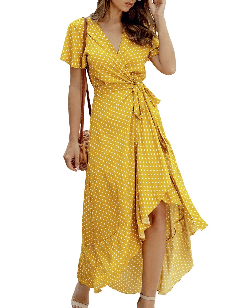 

Fashion Irregular Dress Yellow Polka Dot Dress Deep V-Neck Ruffle Dress Trendy Women Clothing