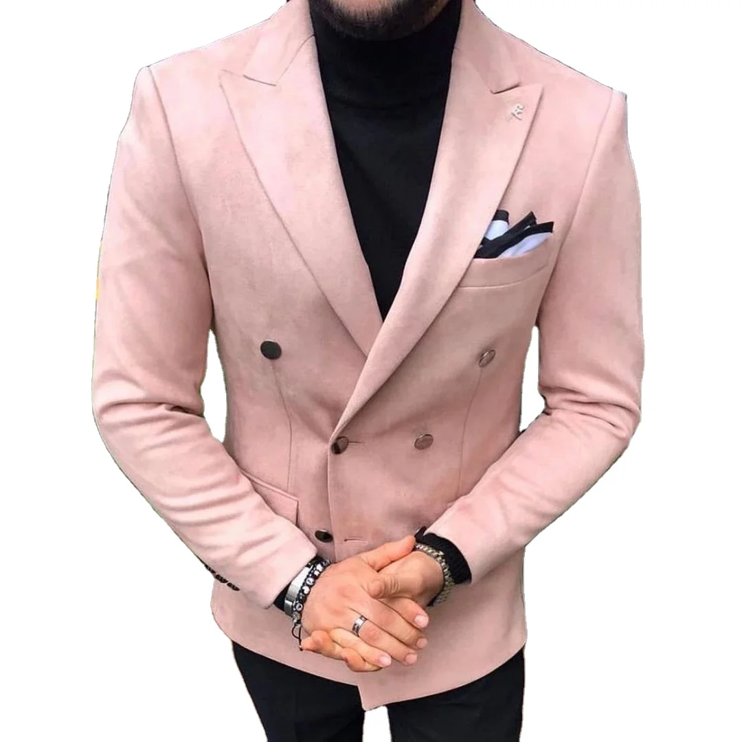 

Pink Double Breasted Velvet Blazer And black Pants Men Suit For Men Groom Tuxedos Business Suit Men Terno Masculino 2PCS