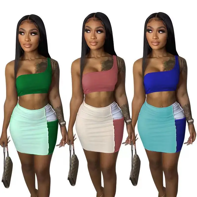 

2021 summer vestidos color blocking one sleeve mini dress women sexy crop top bodycon skirts two piece set slim fit party wear, 5 colors as picture