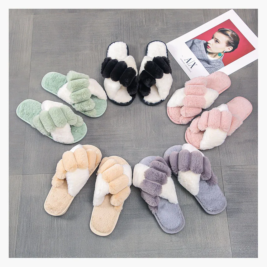 

Hot Sale Stitching Color Stylish Casual Warm Cotton Fuzzy House Shoes Flat Heel Ladies Slippers