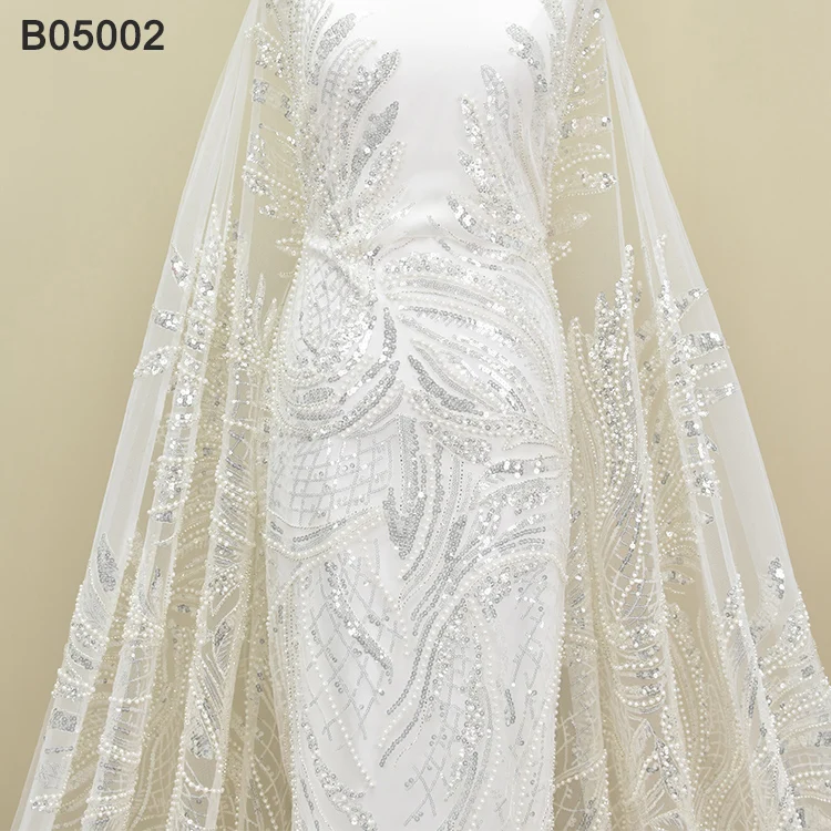 

Competitive Price Elegant African Bridal Sequin Beaded Lace White Wedding Tulle Embroidered Lace Fabric