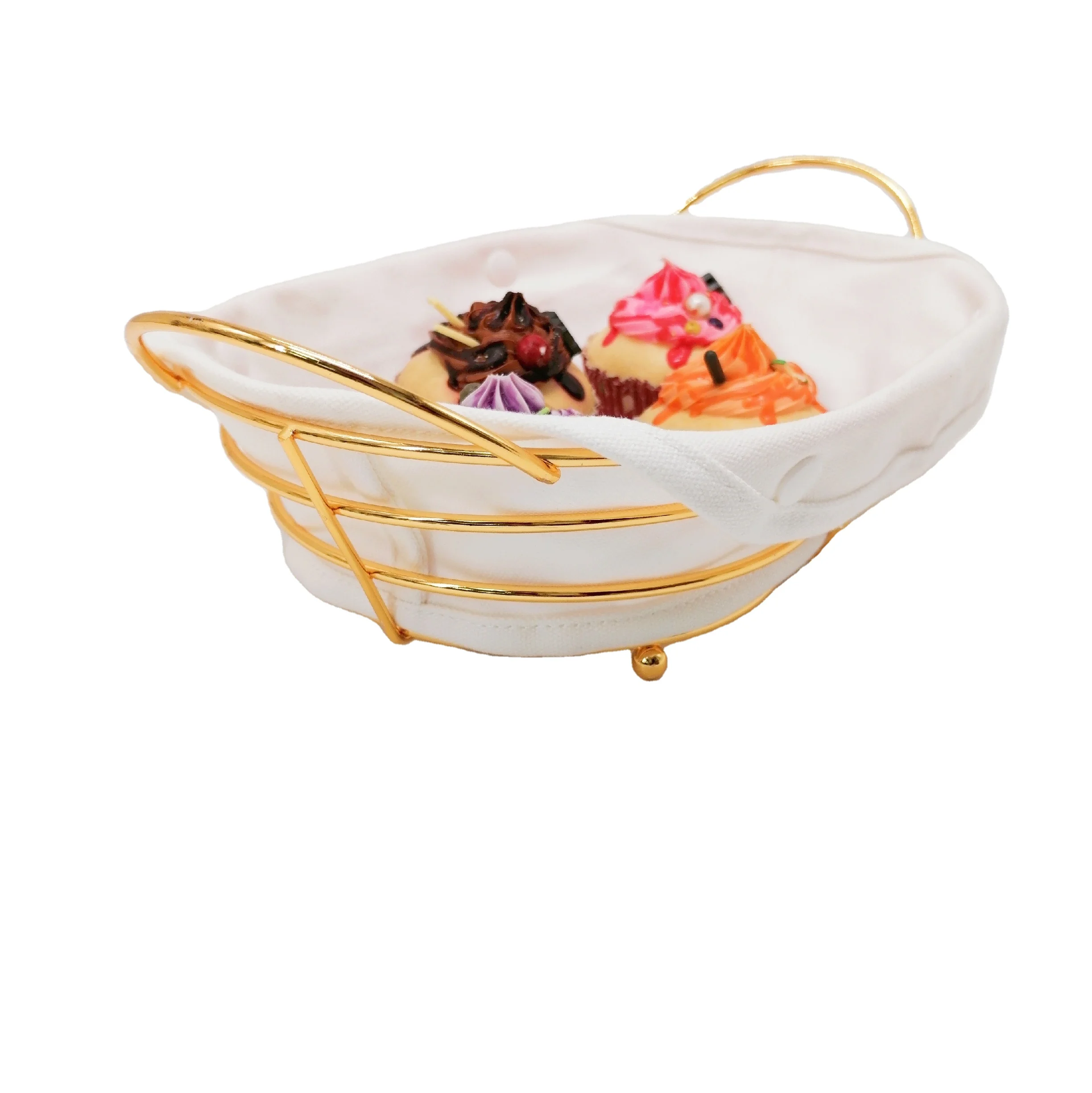 

Kitchen Use Fruit Bowl Vegetable Holder Round Metal Wire Fruit Basket Bread Basket With Fabric Lining, Black gold silver