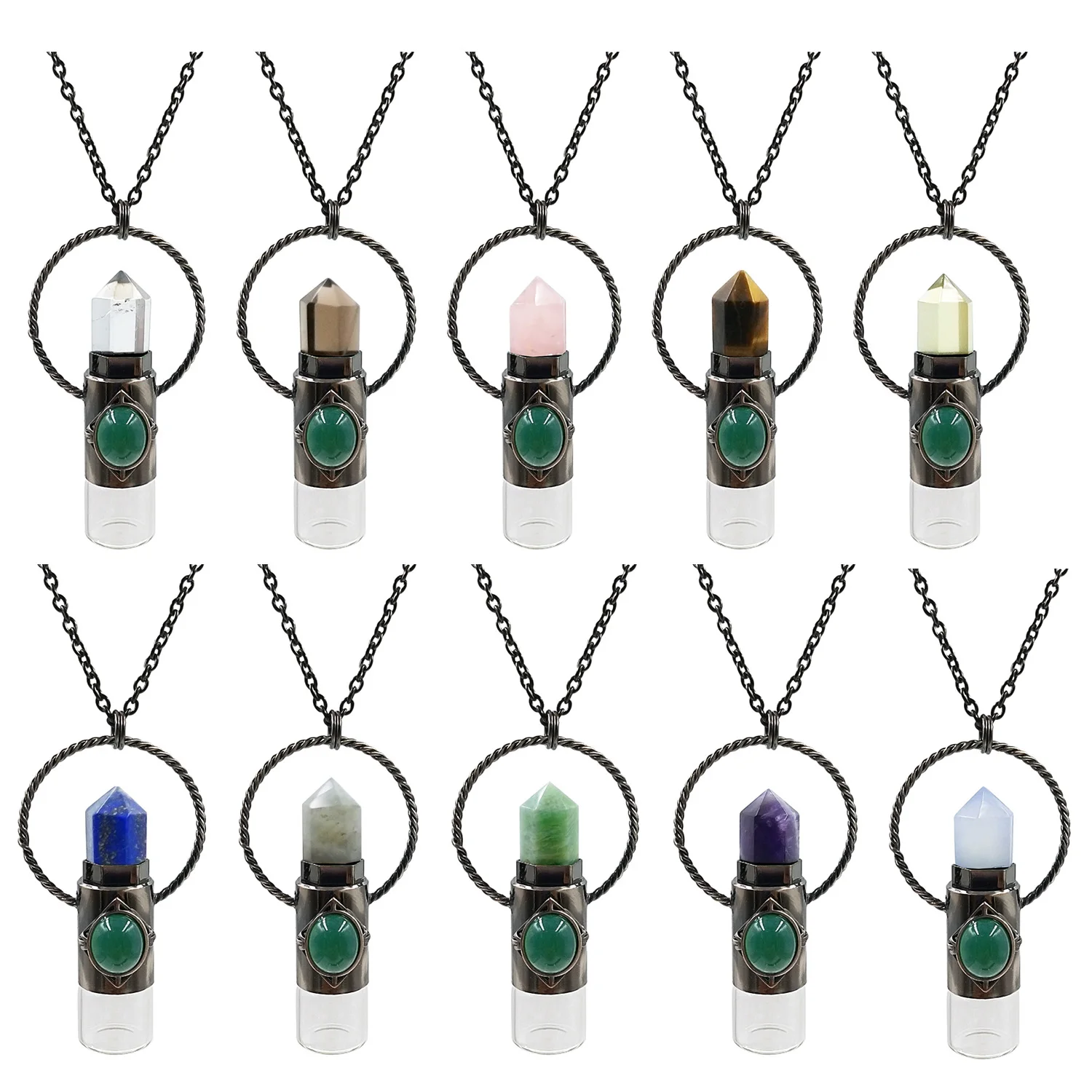 

Wholesale Trendy popular chakra hexagon crystals perfume pendant essential oil roller ball bottle necklace gift for Mother's Day, Multi colors necklace