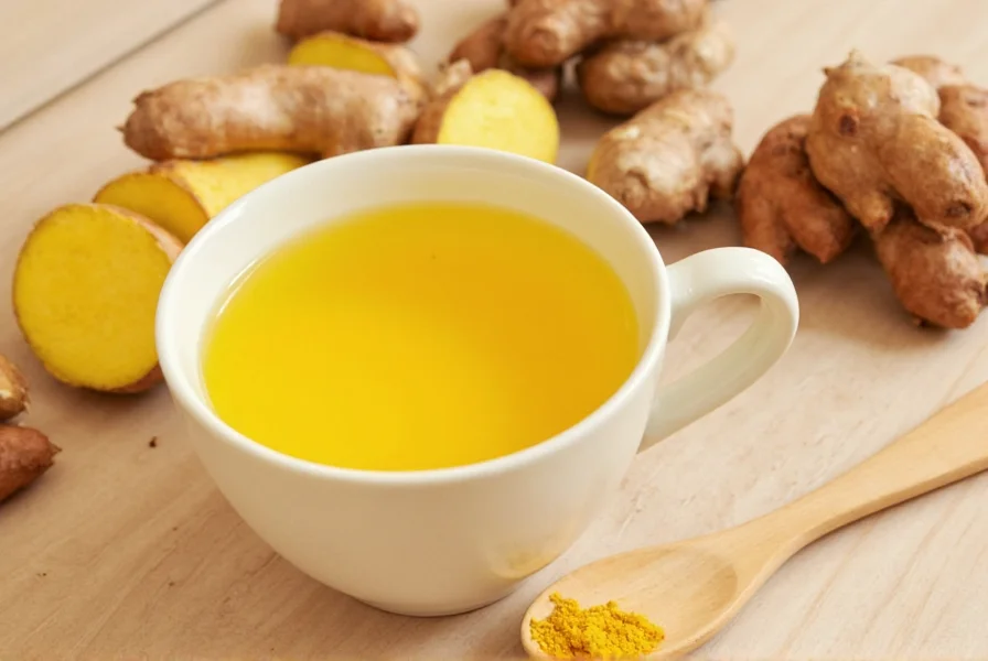 Fresh ginger root and turmeric rhizomes on wooden cutting board with tea preparation ingredients