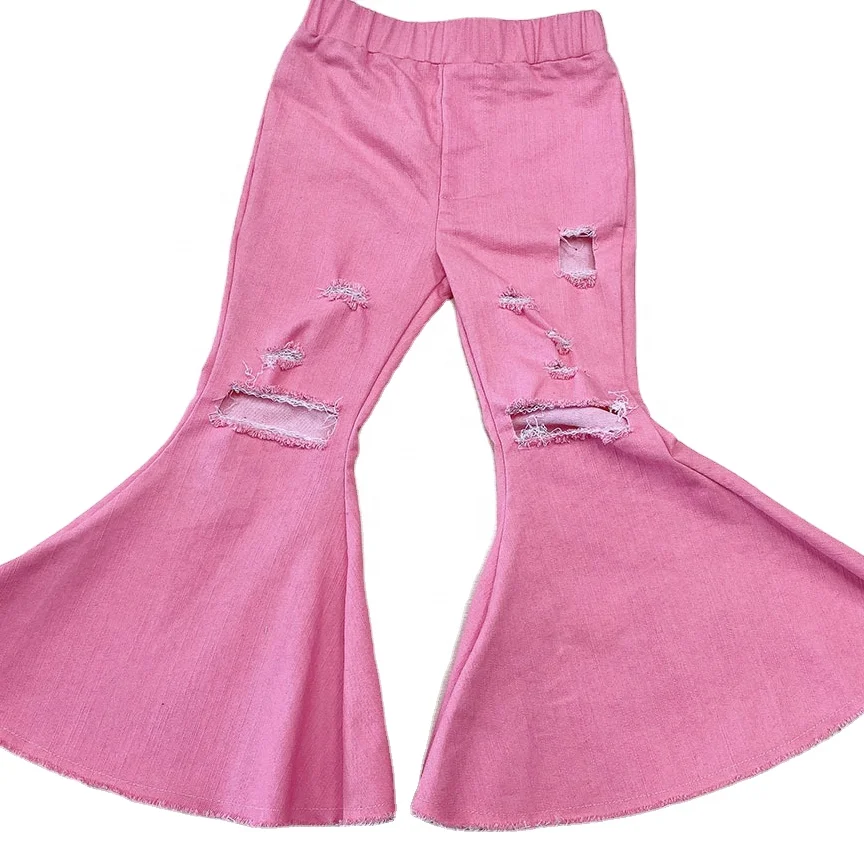 

Wholesale fashion all-match cool girls baby kids denim ripped bell bottom flare pants with big bell bottom ruffle