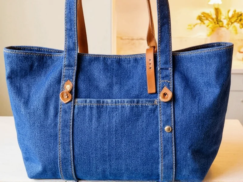 Recycled denim tote bag with leather strap details