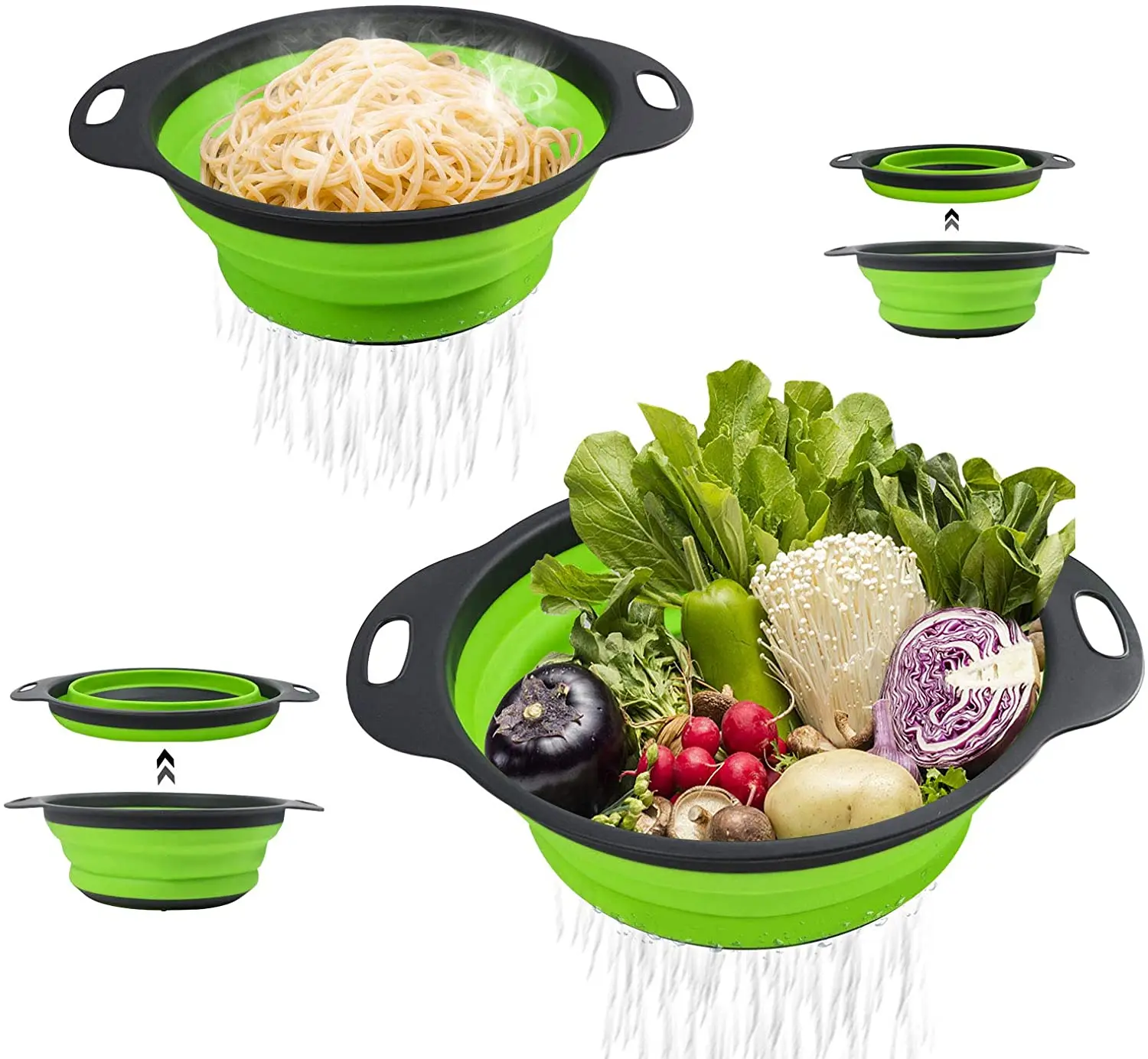 

Space Saver 11.6 inches Collapsible Silicone Plastic Vegetable Strainers 4 Quart Folding Kitchen Fruit Pasta Strainer, Green