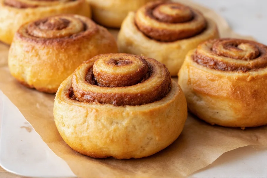 Perfectly baked buttermilk cinnamon rolls with gooey filling and golden crust on parchment paper