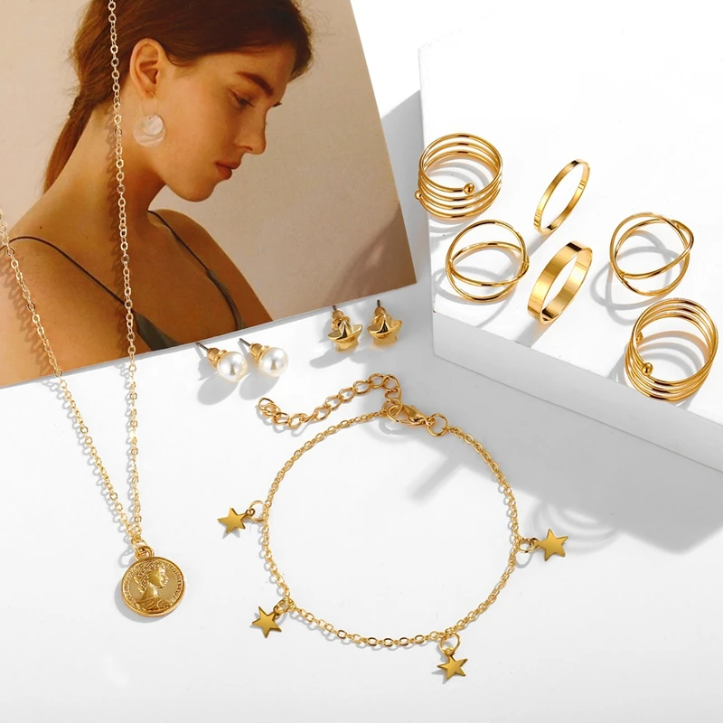 

Fashion Cheap Gold Plated Necklace Star Charms Bracelets Multiple Rings Jewelry Sets for Women
