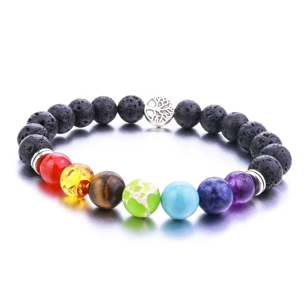 

8mm Lava Stone Tree Of Life 7 Chakra Healing Balance Beads Reiki Buddha Prayer Essential Oil Diffuser Bracelet Jewelry