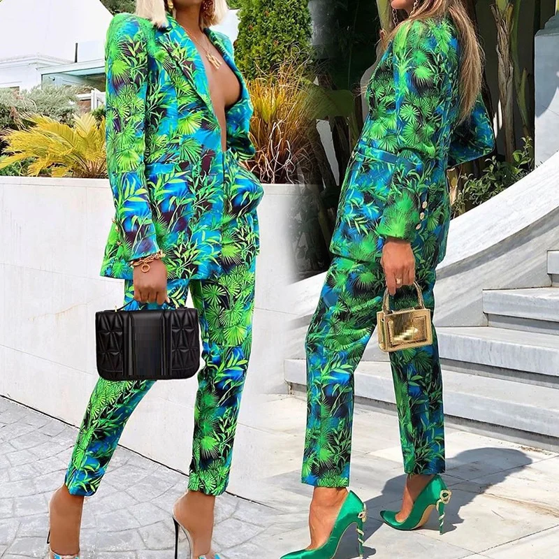 

2022 Hot Sale Green Floral Print Elegant Blazer And Pants Two Piece Sets Business Office High Quality Lady Woman Suit Business