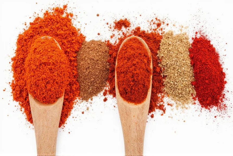 Different kinds of paprika in small glass jars on a wooden table