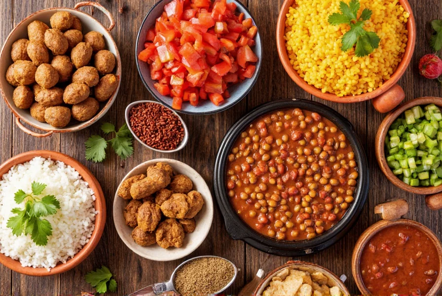 Chili bar toppings arranged in colorful bowls on wooden table with chili in center