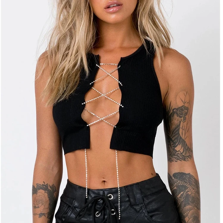 

Trendy Rhinestone Lace Up Womens Black Crop Tank Top Fashion 2020