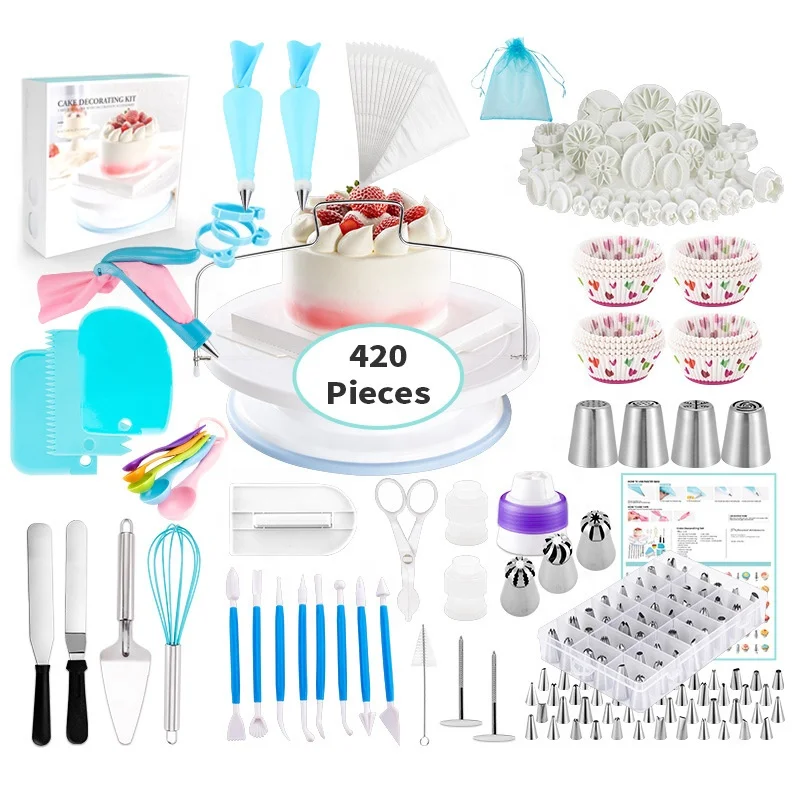 

Amazon Hot Selling 420 Pieces Cake Decorating Rotating Cake Stand Turntable Kit Baking Tools, Random