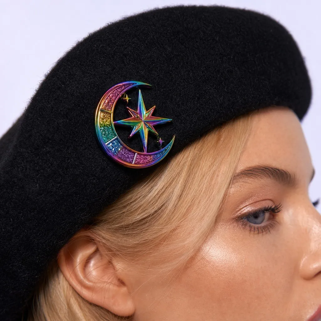 Enamel Pin on Black Wool Beret Hat