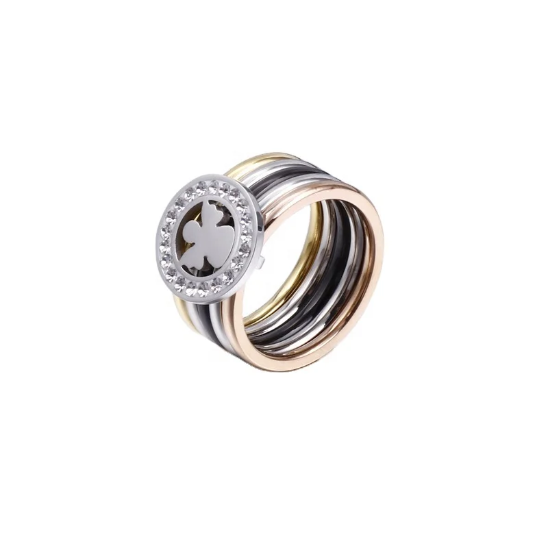 

Stainless Steel jewelry four-leaf clover heart-shaped ring fashion simple five-in-one multi color ring with stone, Customized color