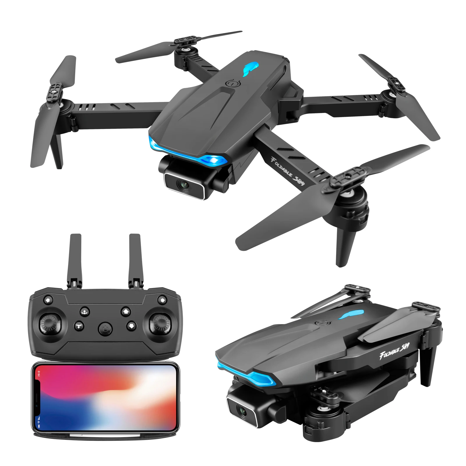 

4k HD Dual Camera 1080P WIFI Drone Height Preservation Rc Quadcopter S89 Hot Sale Professional Folding Drone, Black gray