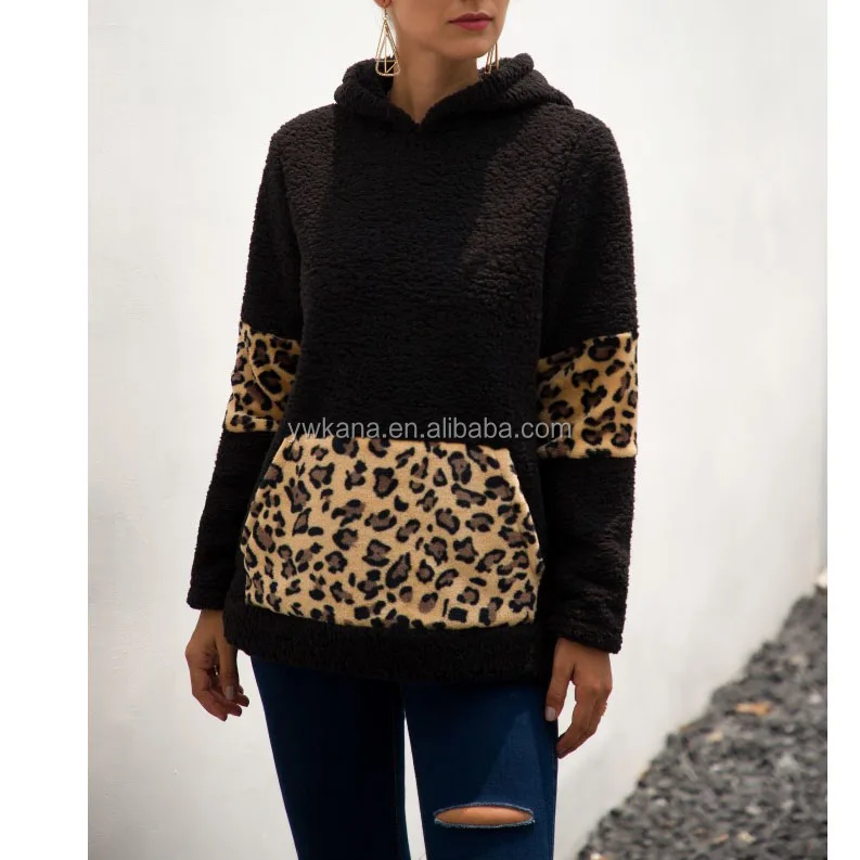 

2019 Newest Womens Sherpa Hoodie Boutique Leopard Pattern Warm Winter Sherpa Fleece Pullover, Picture