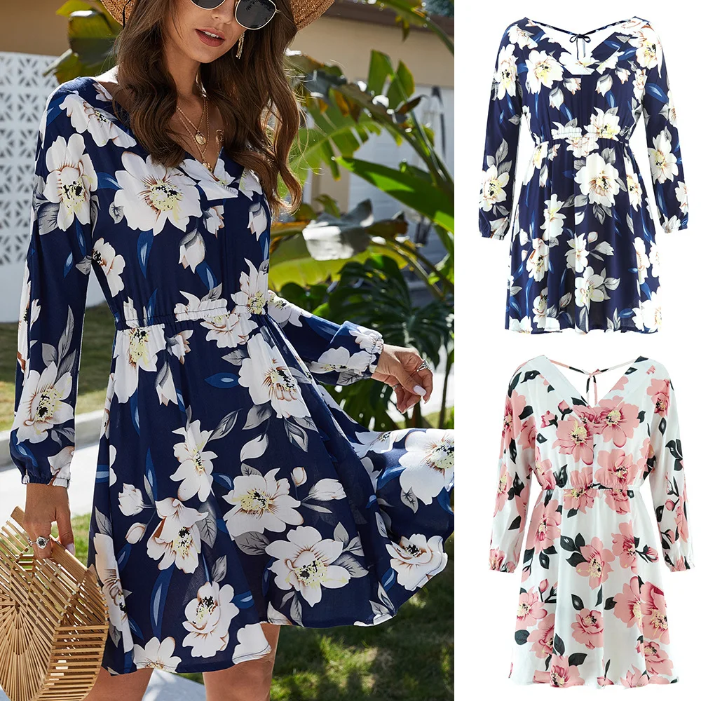 

WW-0457 V-neck Dewy Back Printed Sleeve Dress In Female Fancy Elegant Floral Dress, As your request