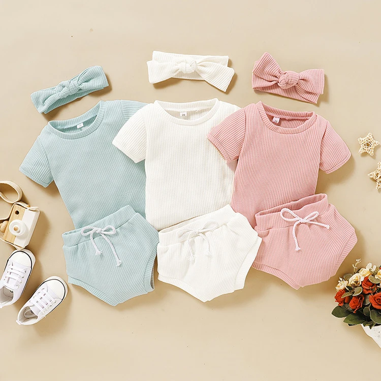 

Wholesale Clothing Summer Infant Baby Clothes Soft Baby Short Sleeve Pajama Set With Headband, Blue,white,pink,customized