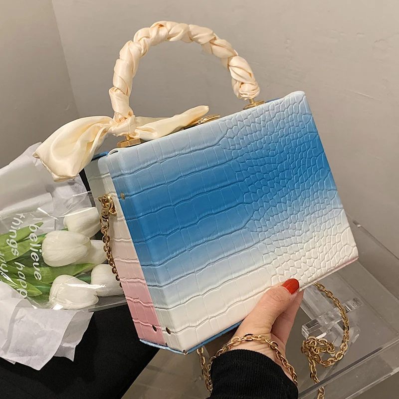 

luxury designer rainbow purse shoulder crossbody crocodile pattern leather hand bags women handbags ladies 2021 with scarf chain, 2colors