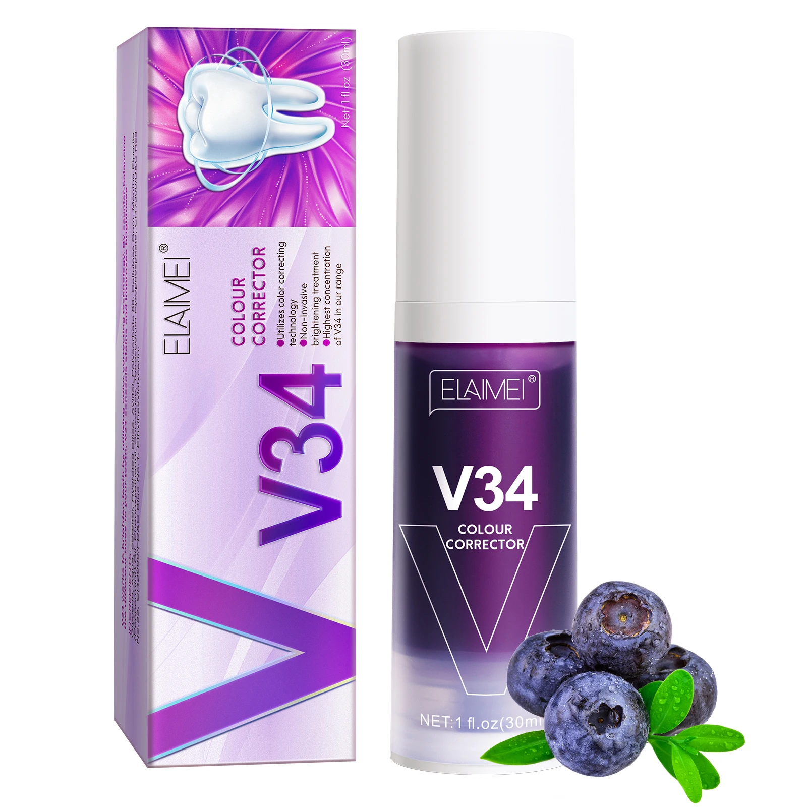 

ELAIMEI Wholesale V34 Color Corrector Intensive Stain Removal Brighten Purple Teeth Whitening Toothpaste