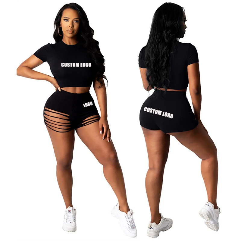 

Free Shipping New Design Solid ripped Short Pants Outfits Two Piece Shorts Set Women Clothing Summer Biker Short two Piece Set, Customized color