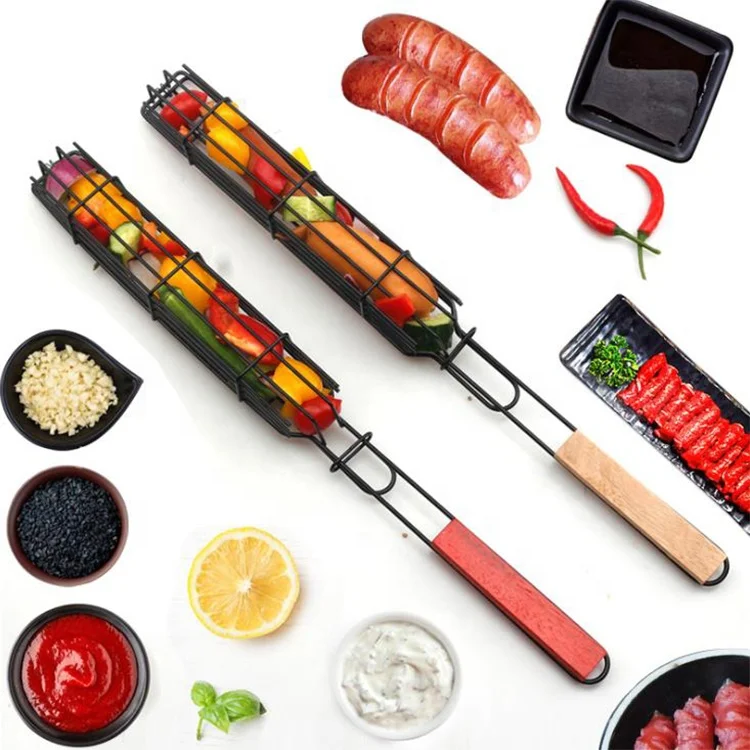 

Dropshipping Outdoor vegetable hot dog sausage barbecue clip wooden handle BBQ grill BT053R, Black