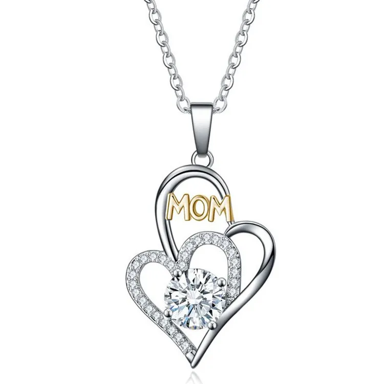 

Hainon Mother's Day Gift Letter Mom Crystal Heart Pendant Necklace Luxury 18k Gold Plated Mom Hollow Heart Necklace