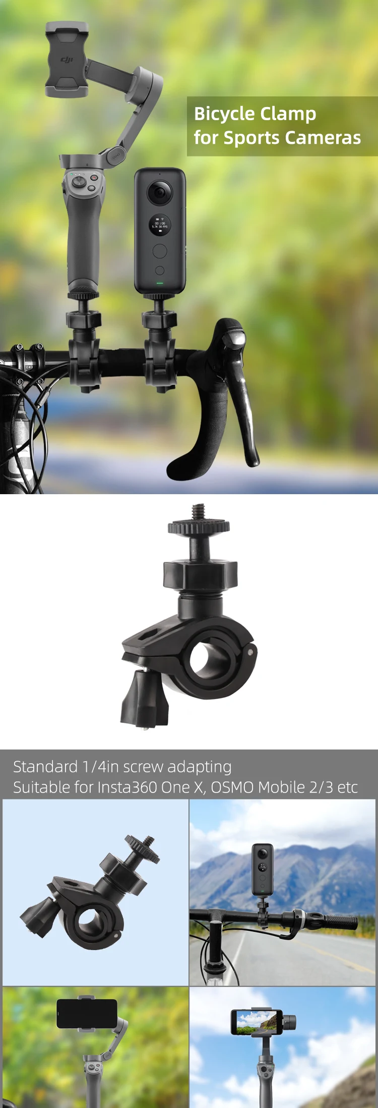 Bicycle Clamp Mount Holder Clip for OSMO Mobile 2 3/ Insta360 One X Sports Camera