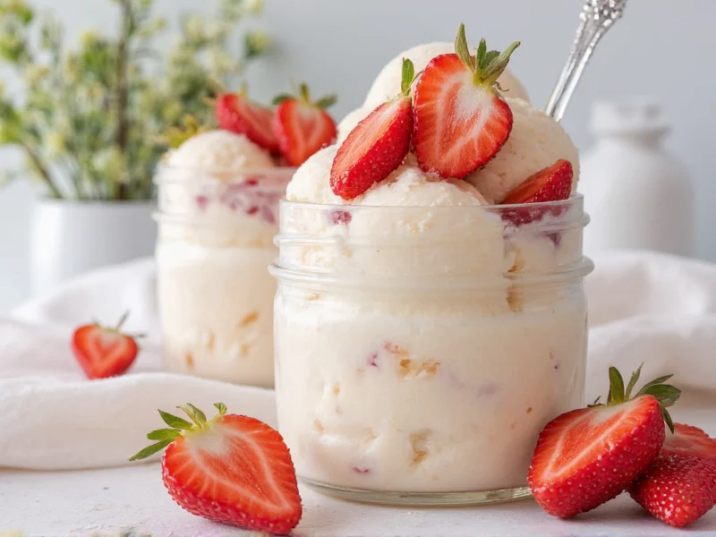 Creamy vanilla ice cream in mason jar with fresh strawberries