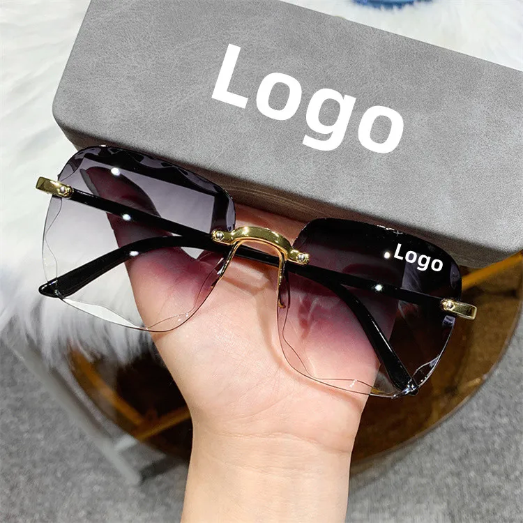 

Wholesale quality classic custom logo 2023 rimless square sunglasses luxury trendy shades wholesale women fashion sunglasses