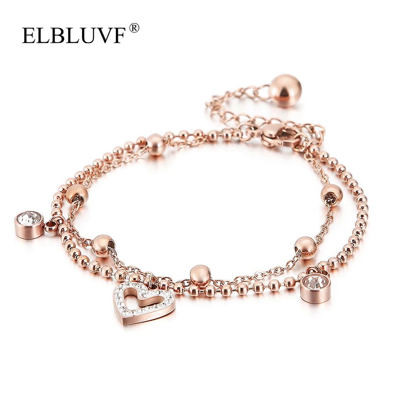 

ELBLUVF 2020 New 316L Stainless Steel Zircon Rose Gold Plated Fashion Double Layers Love Heart Bracelets For Women