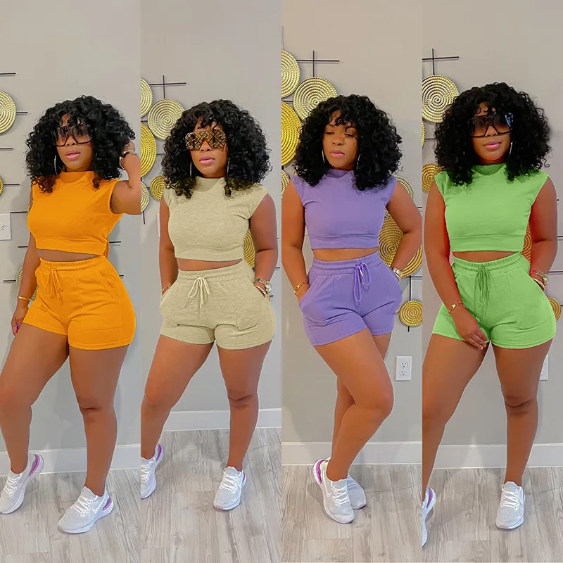 

New Fashion Solid Sleeveless O Neck Top And Drawstring Shorts Casual Biker Shorts Outfits Two Piece Set Sport Women Sets Summer, Orange,purple,apricot,green