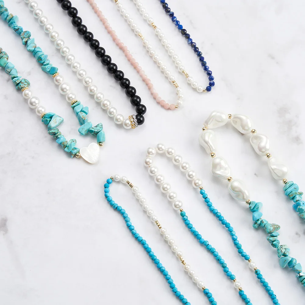 RINNTIN GMN Bohemian Natural Stone Turquoise Pearl Beaded Choker Necklace Boho Obsidian Lapis Lazuli Opal Beads Necklace