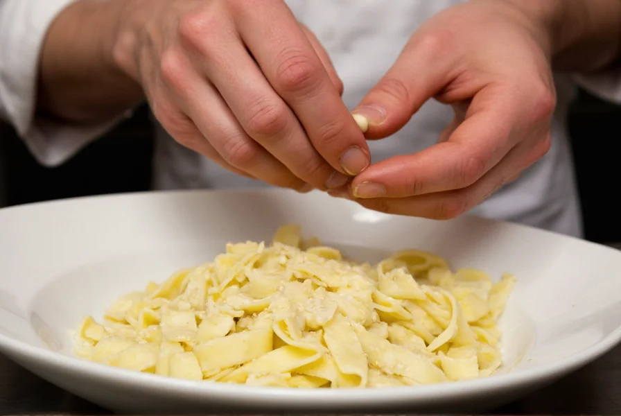 Chef grinding fresh white pepper into a creamy pasta sauce