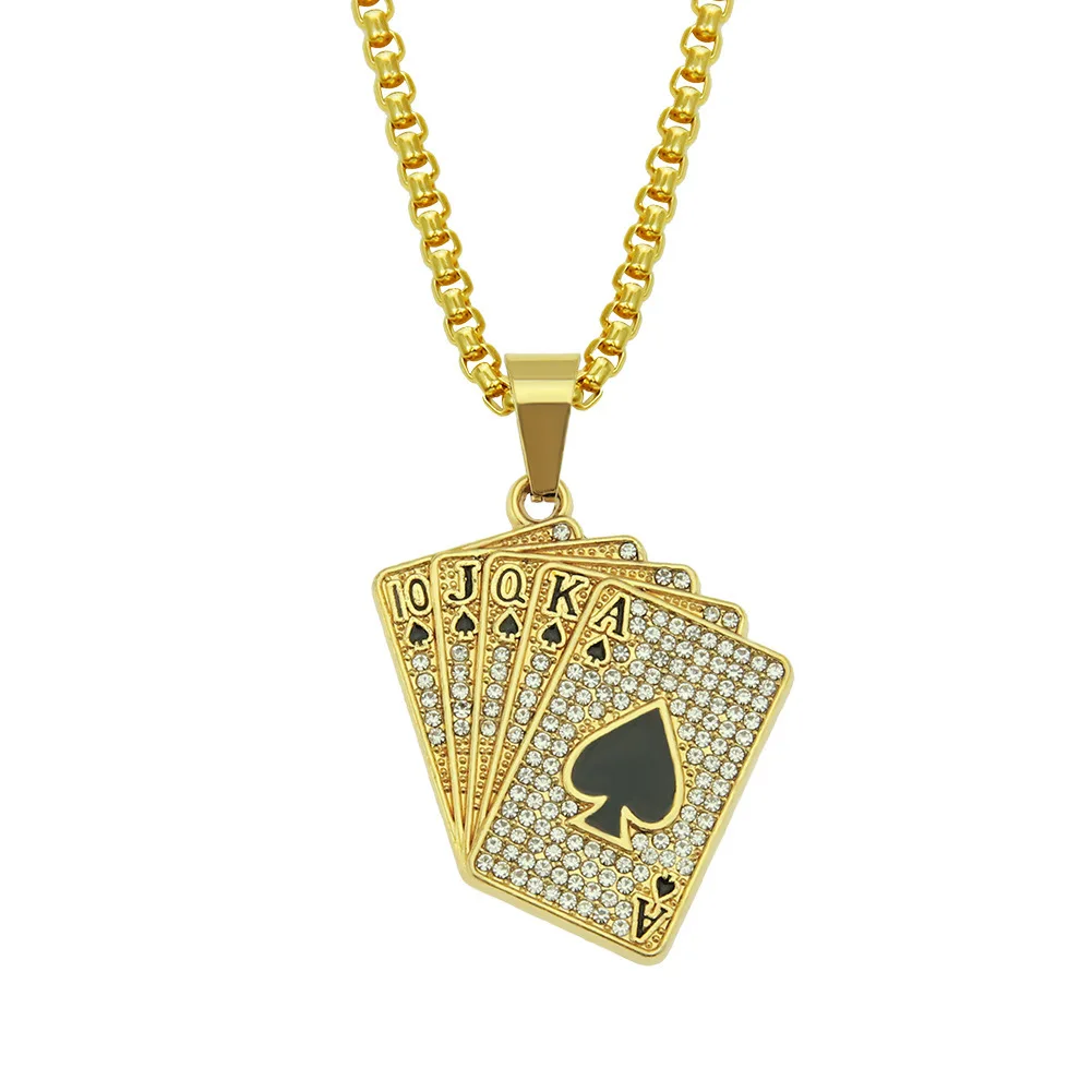 

Aivle Fine Jewelry Supplier Zinc Alloy Material Men's and Women's Hip Hop Diamond Necklace Straight Flush Playing Card Necklace, As picture