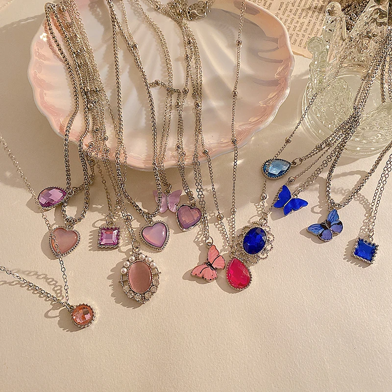 

5Pcs Butterfly Heart Water-drop Pendant Necklace Pink Blue Crystal Rhinestone Necklace for Women