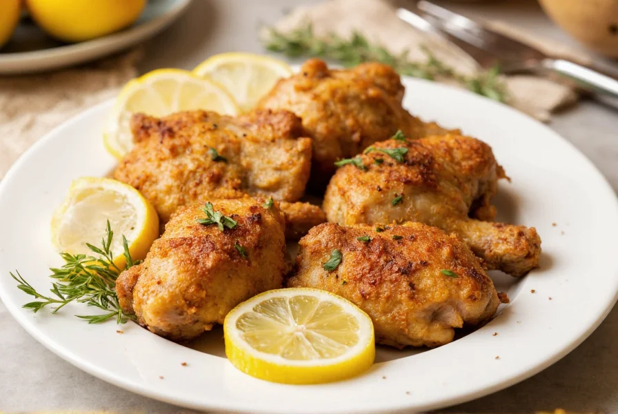 Crispy golden lemon pepper chicken thighs with fresh lemon slices and herbs on a white plate