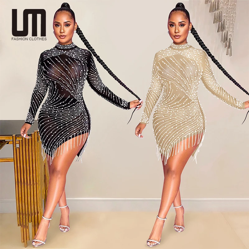 

Liu Ming Women Sexy Summer Print Crystal Tassel Side Slit Bodycon Dress