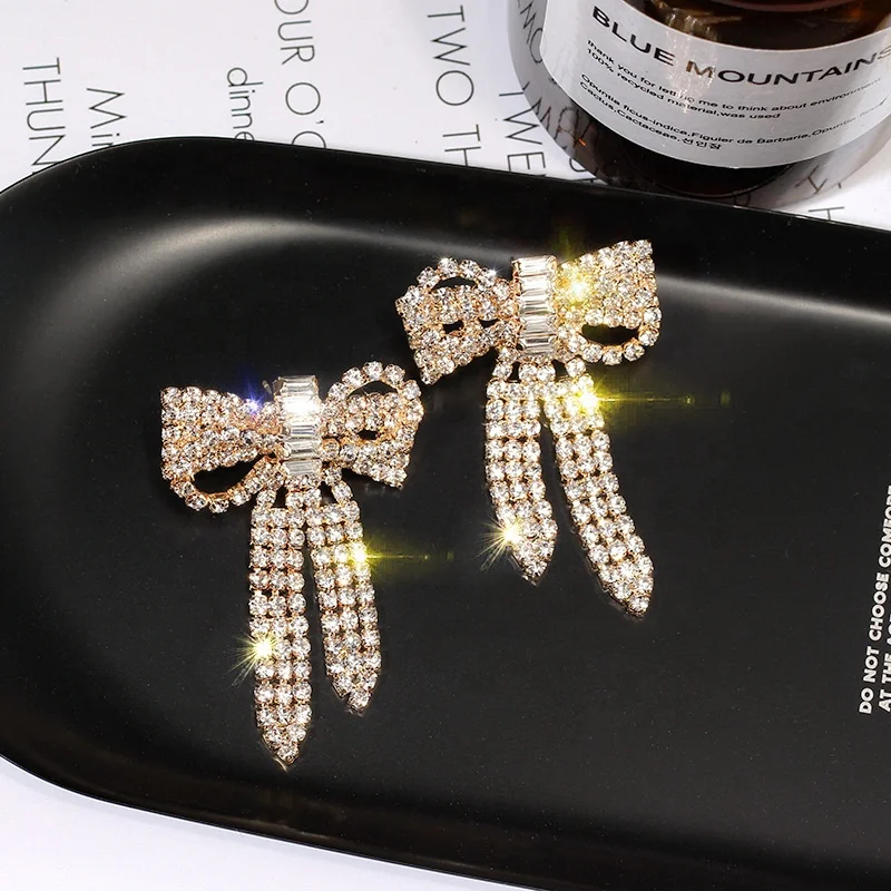 

New Arrival Bling Rhinestone Crystal Bow-knot Earrings Golden Statement Earrings Dangle Romantic Jewelry Accessories, Picture shows