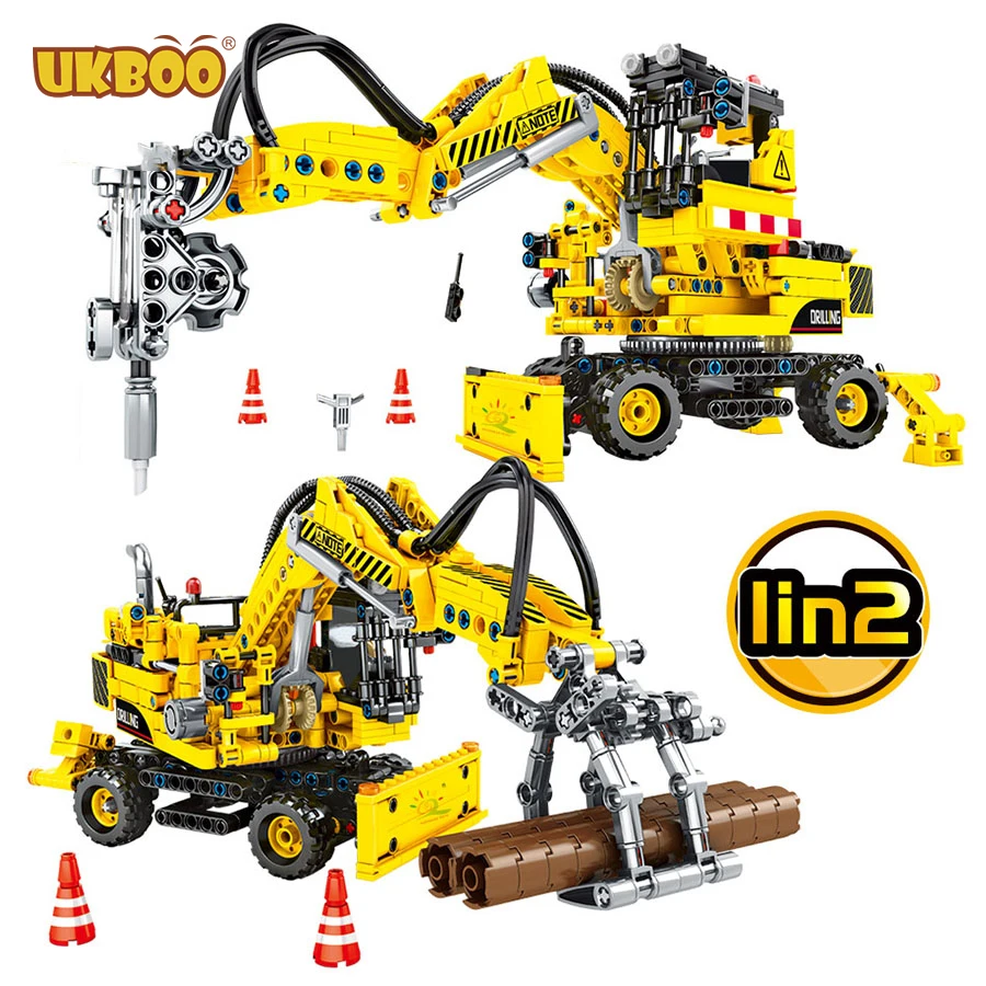 

UKBOO Free Shipping 2 in 1 Compatible Technical city Engineering Excavator Digger Pile driver Building Blocks