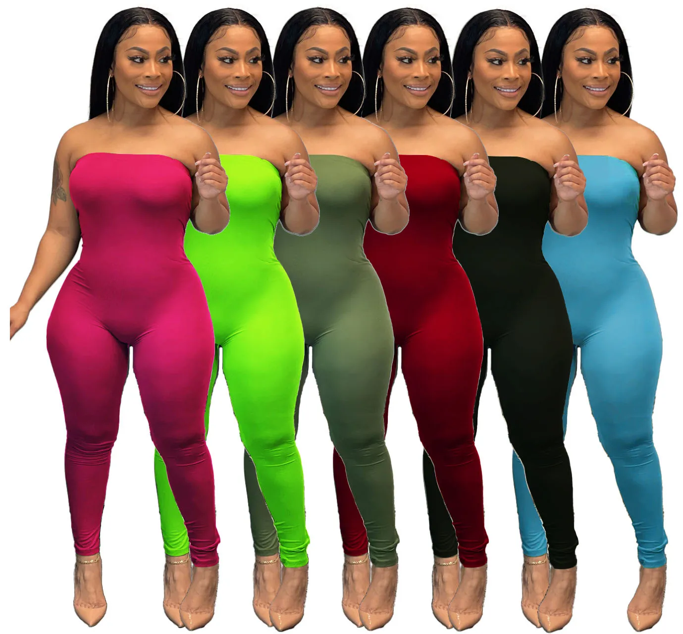 

2021 new arrivals summer strapless solid color slim jumpsuit summer sexy bodysuits for women, Burgundy/black/neo green/army green/rose red/sky blue