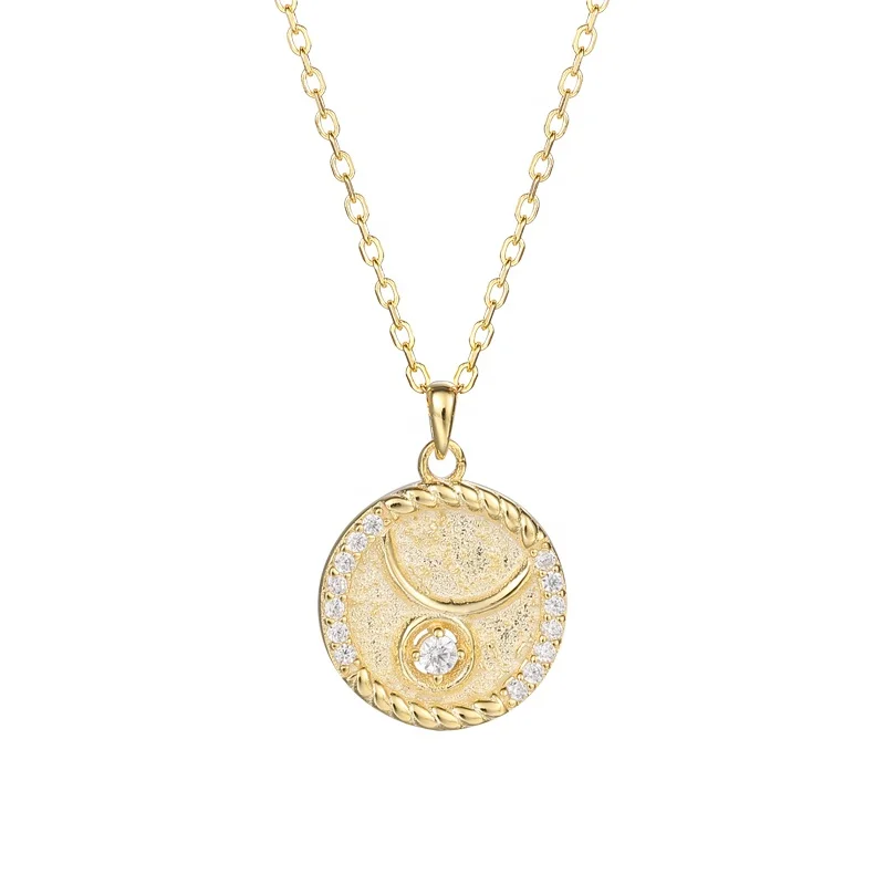 

2020 Newest Design Gold Coin Pendant Necklace 925 Silver CZ stone 18K Twelve Constellation Zodiac Necklace
